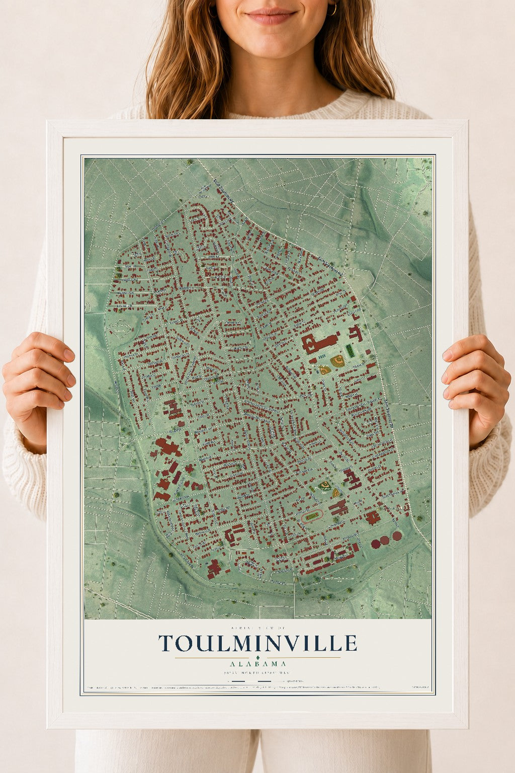 Map of Toulminville, Alabama, 18 x 24 inch print in a white wood frame