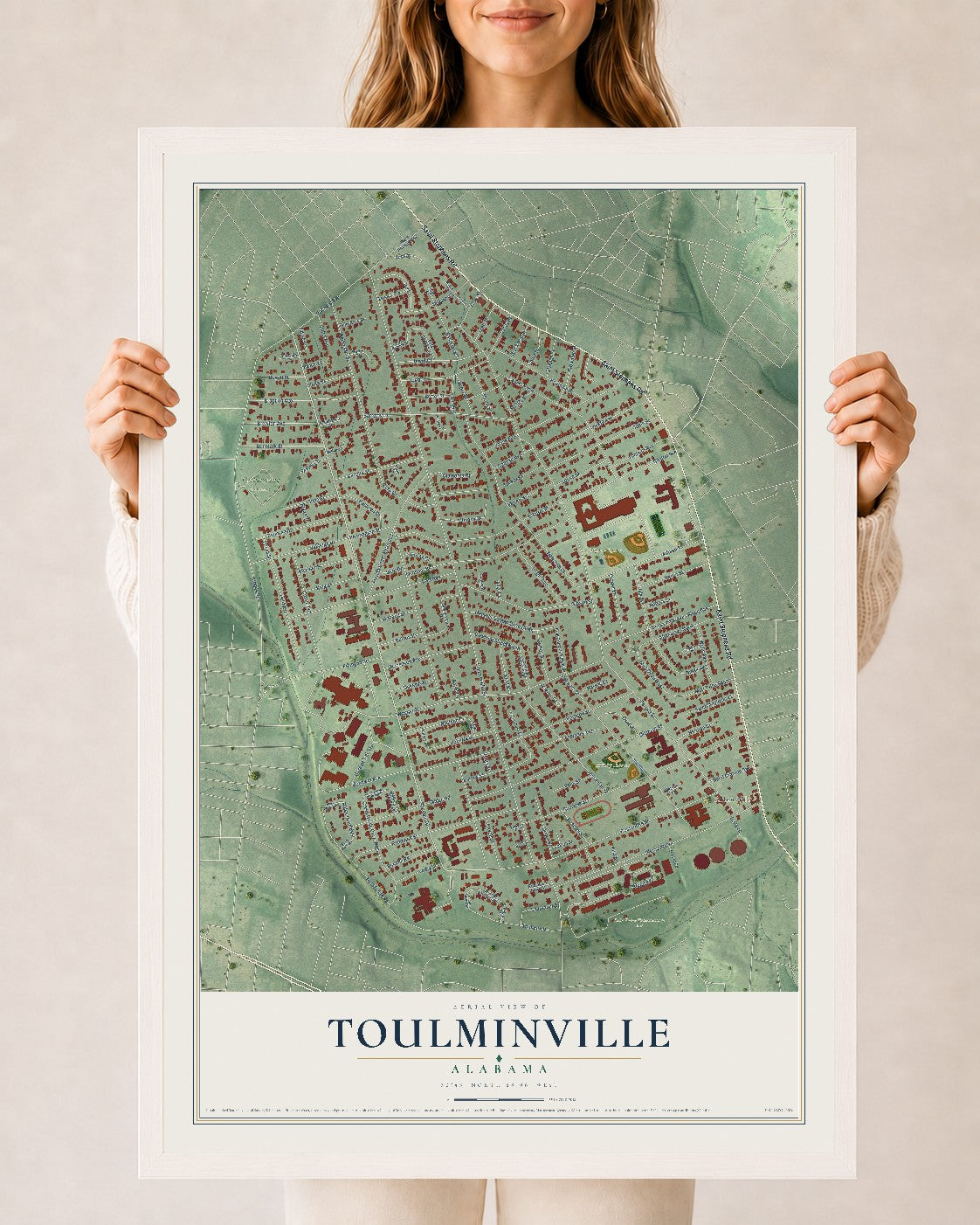Map of Toulminville, Alabama, 24 x 36 inch print in a white wood frame