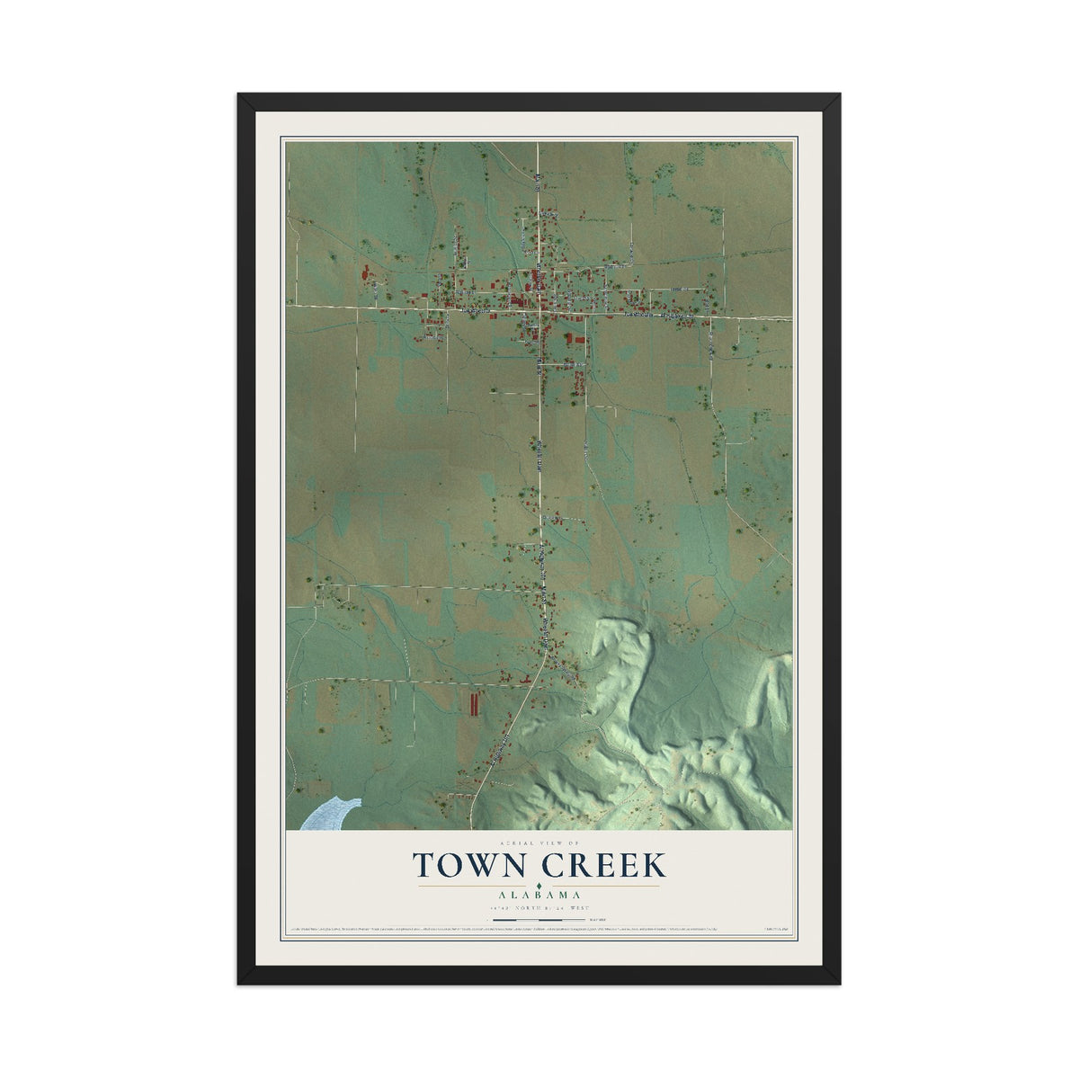 Map of Town Creek, Alabama, 12 x 18 inch print in a black wood frame