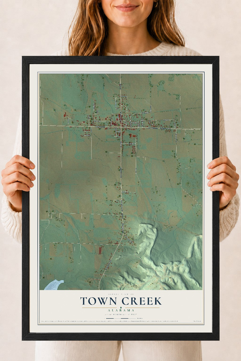 Map of Town Creek, Alabama, 18 x 24 inch print in a black wood frame