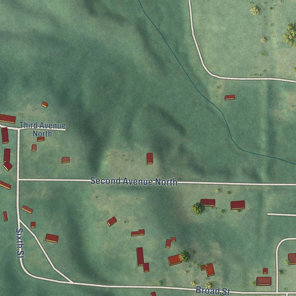 Close-up of the map of Toxey, Alabama print showing street and building detail