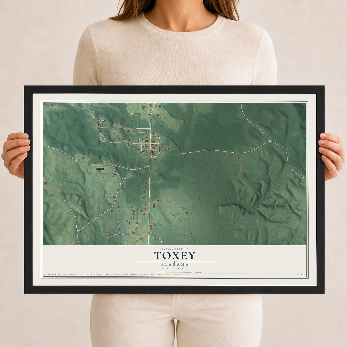 Map of Toxey, Alabama, 12 x 18 inch print in a black wood frame