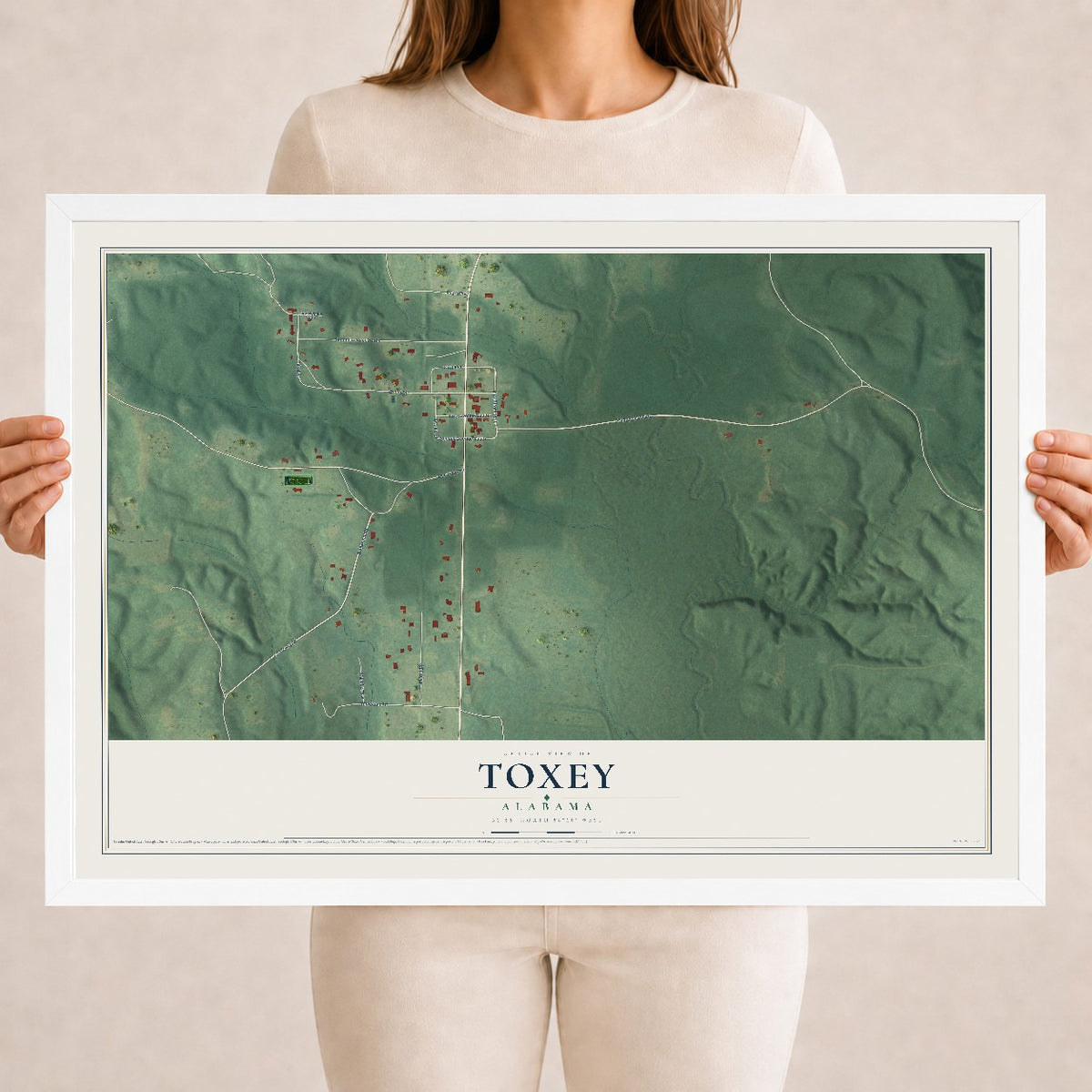 Map of Toxey, Alabama, 18 x 24 inch print in a white wood frame