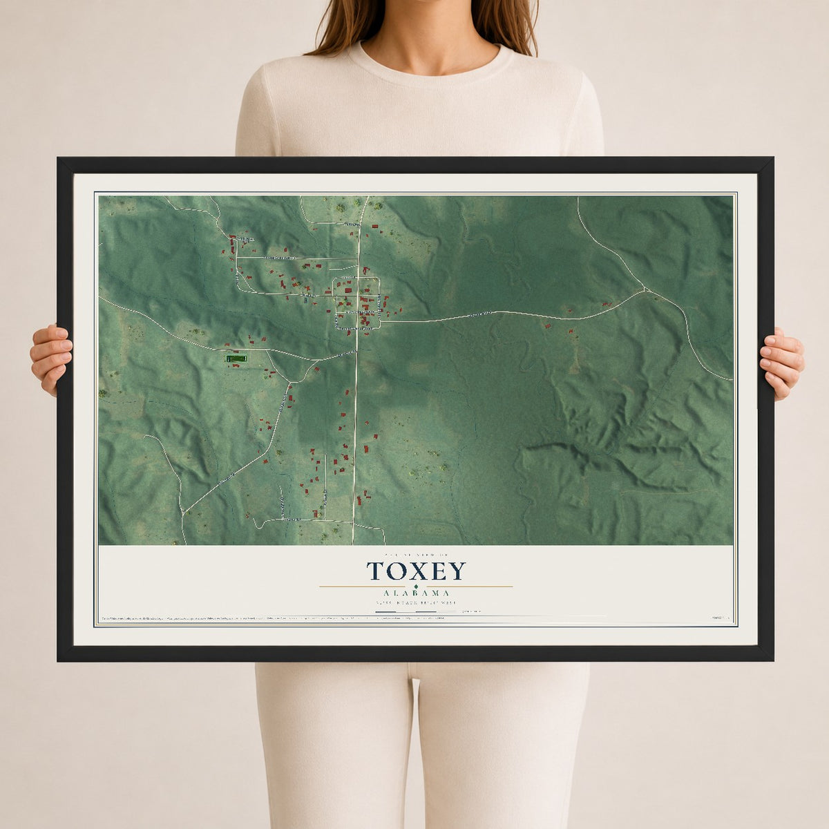 Map of Toxey, Alabama, 24 x 36 inch print in a black wood frame