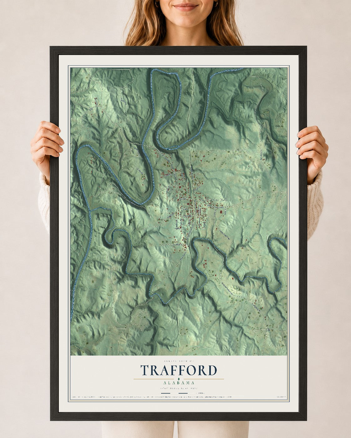 Map of Trafford, Alabama, 24 x 36 inch print in a black wood frame