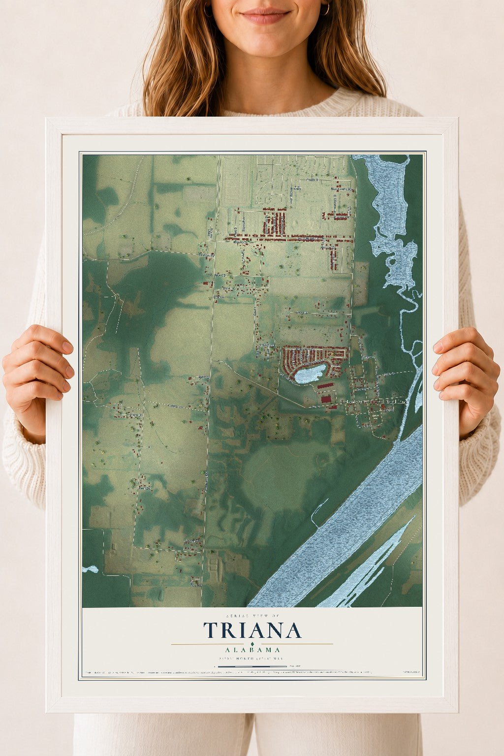 Map of Triana, Alabama, 18 x 24 inch print in a white wood frame