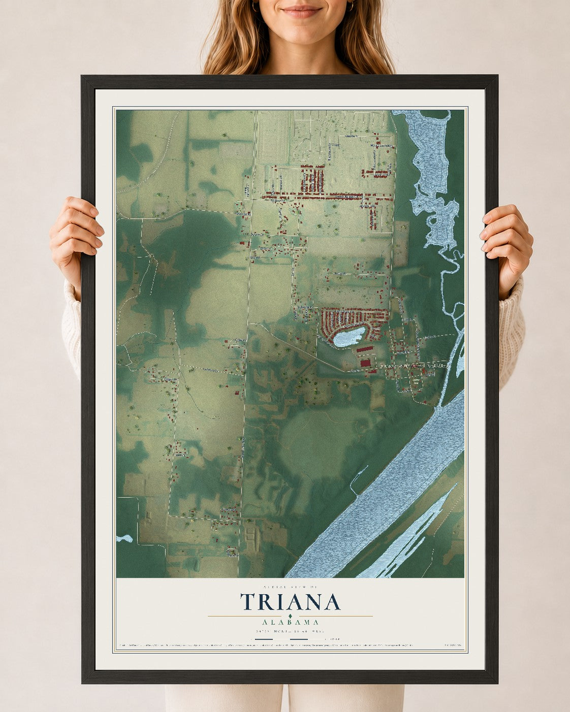 Map of Triana, Alabama, 24 x 36 inch print in a black wood frame