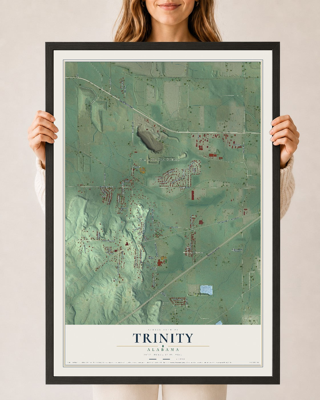 Map of Trinity, Alabama, 24 x 36 inch print in a black wood frame