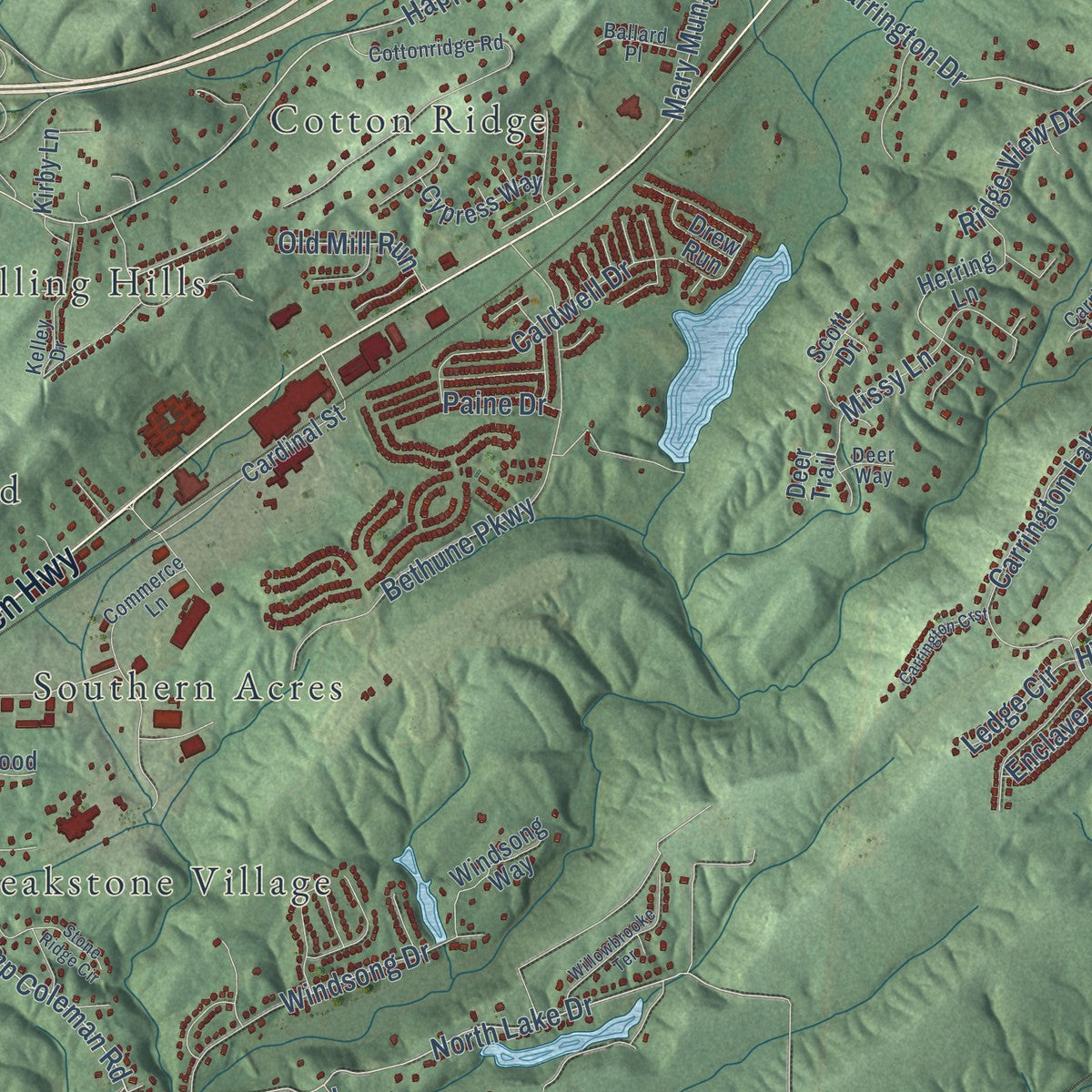 Second close-up of the map of Trussville, Alabama print showing more streets and buildings