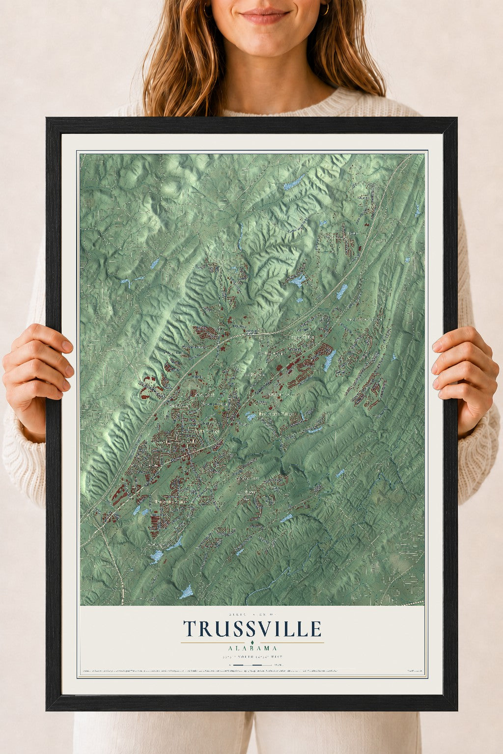 Map of Trussville, Alabama, 18 x 24 inch print in a black wood frame