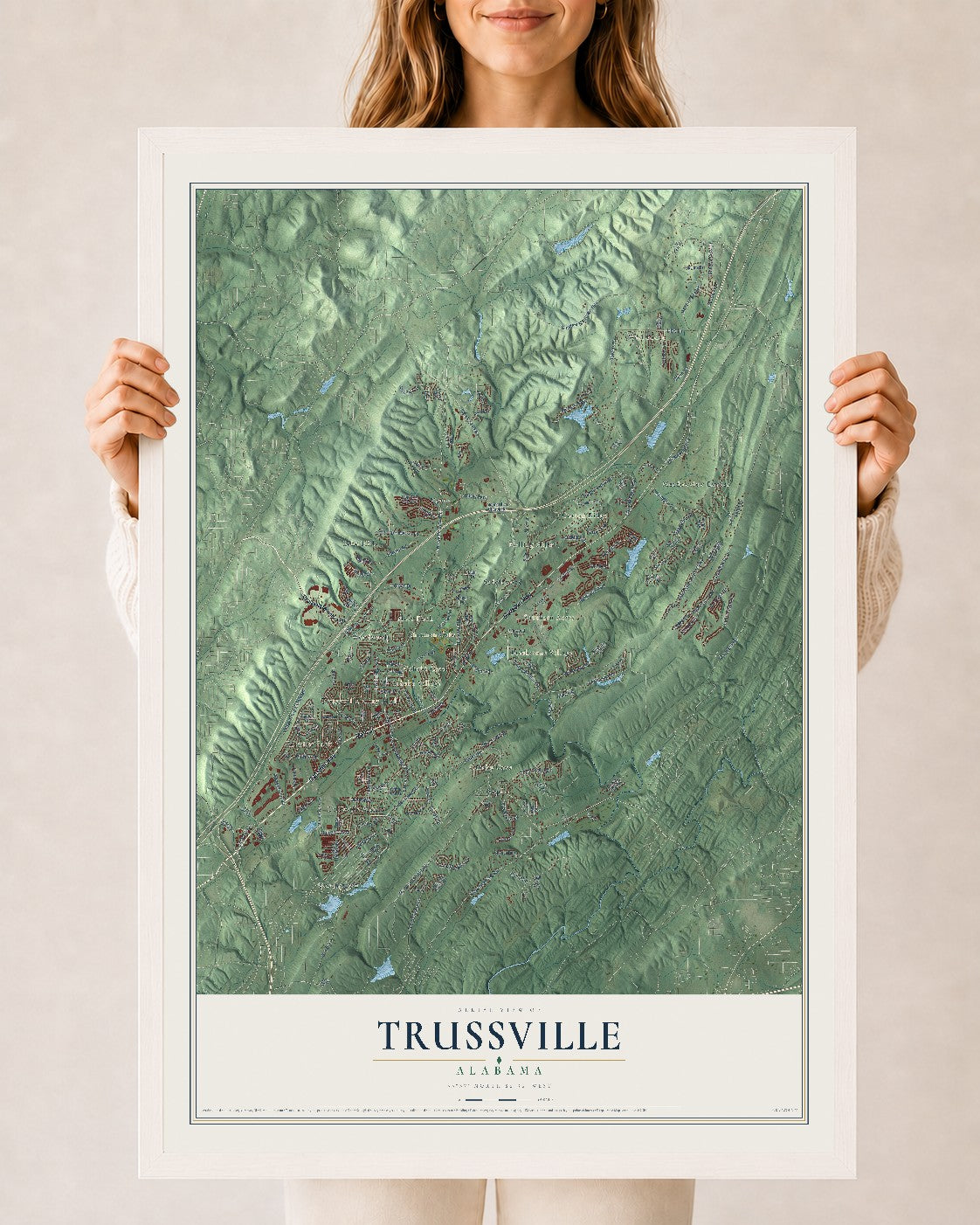 Map of Trussville, Alabama, 24 x 36 inch print in a white wood frame