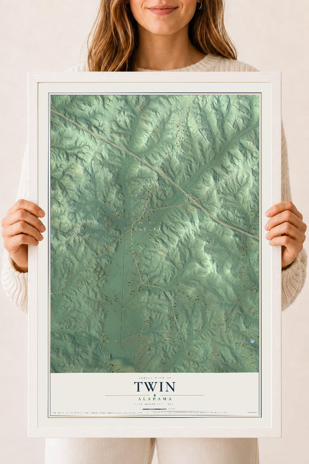 Map of Twin, Alabama, 18 x 24 inch print in a white wood frame