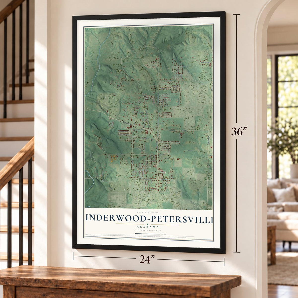 Underwood-Petersville, Alabama map, 24 x 36 inch print in a black frame by a staircase