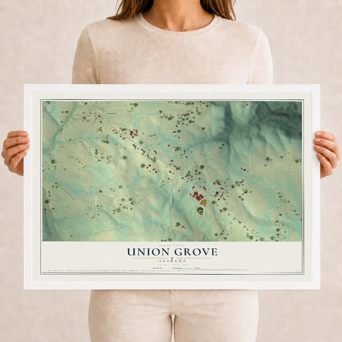 Map of Union Grove, Alabama, 12 x 18 inch print in a white wood frame