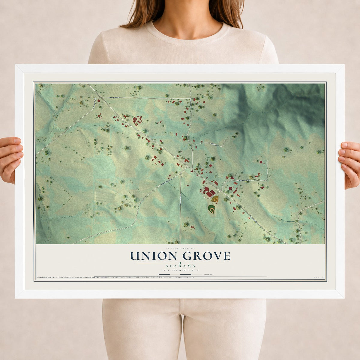 Map of Union Grove, Alabama, 18 x 24 inch print in a white wood frame