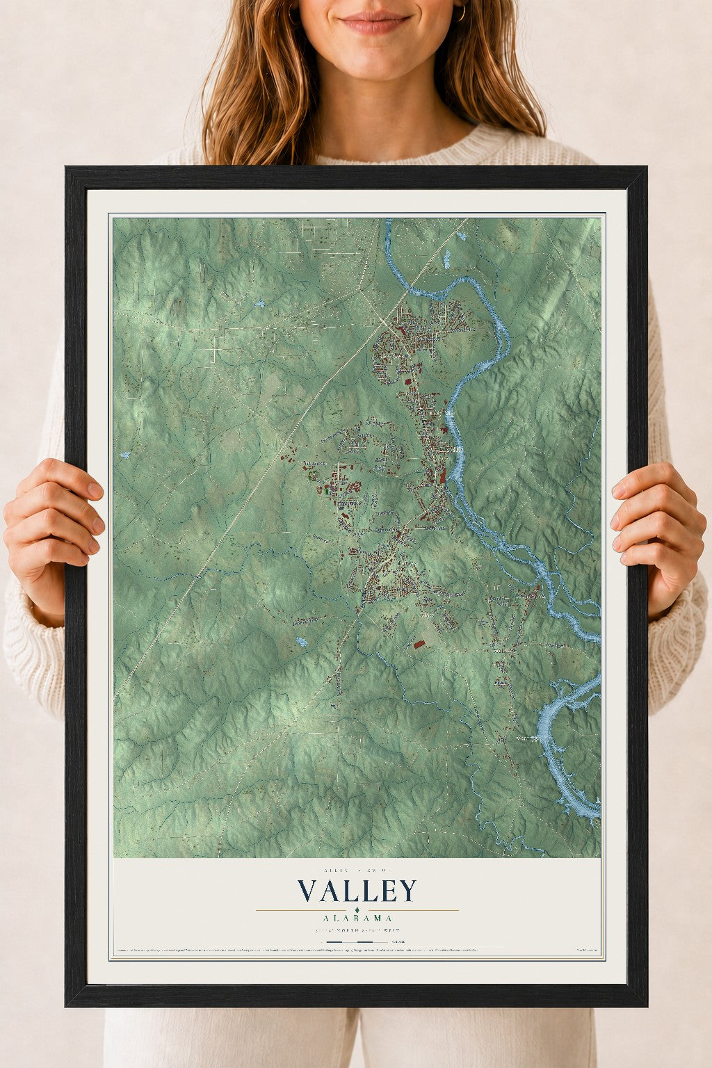 Map of Valley, Alabama, 18 x 24 inch print in a black wood frame