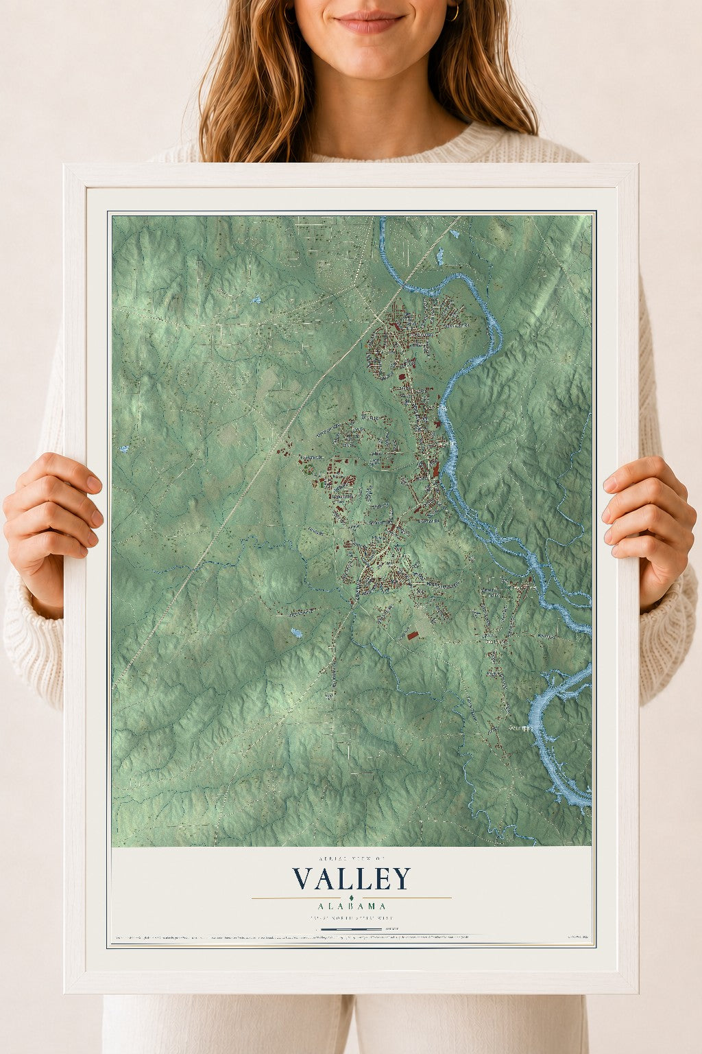 Map of Valley, Alabama, 18 x 24 inch print in a white wood frame