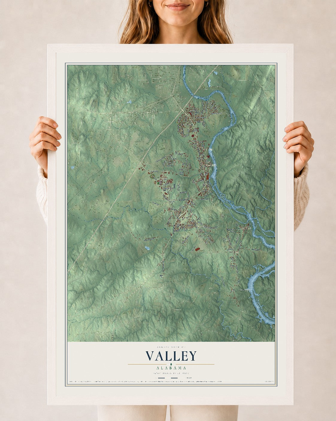 Map of Valley, Alabama, 24 x 36 inch print in a white wood frame