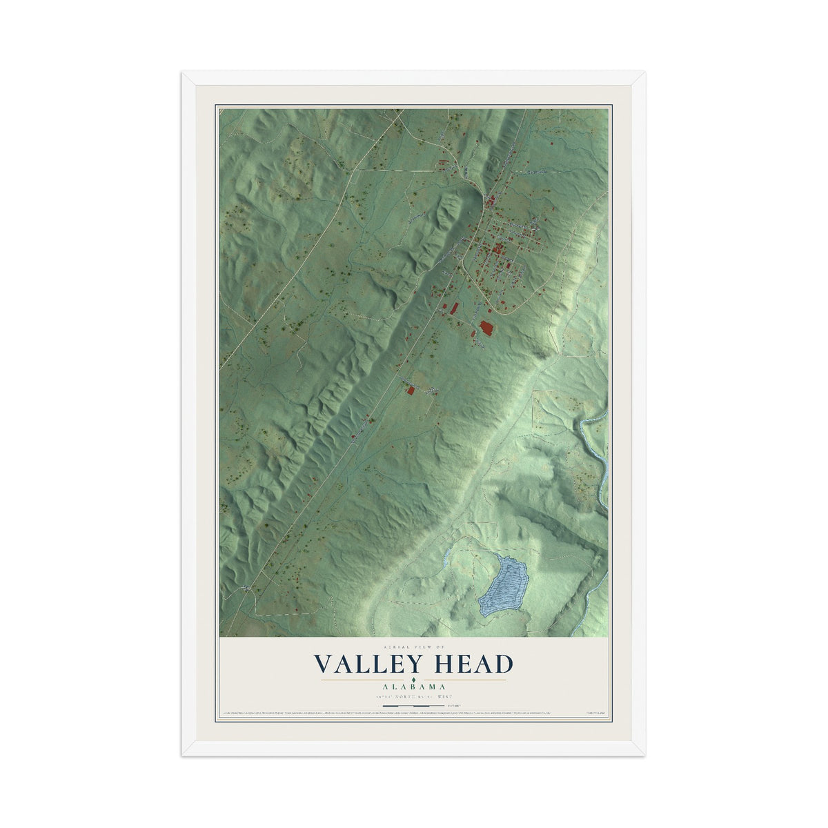 Map of Valley Head, Alabama, 12 x 18 inch print in a white wood frame