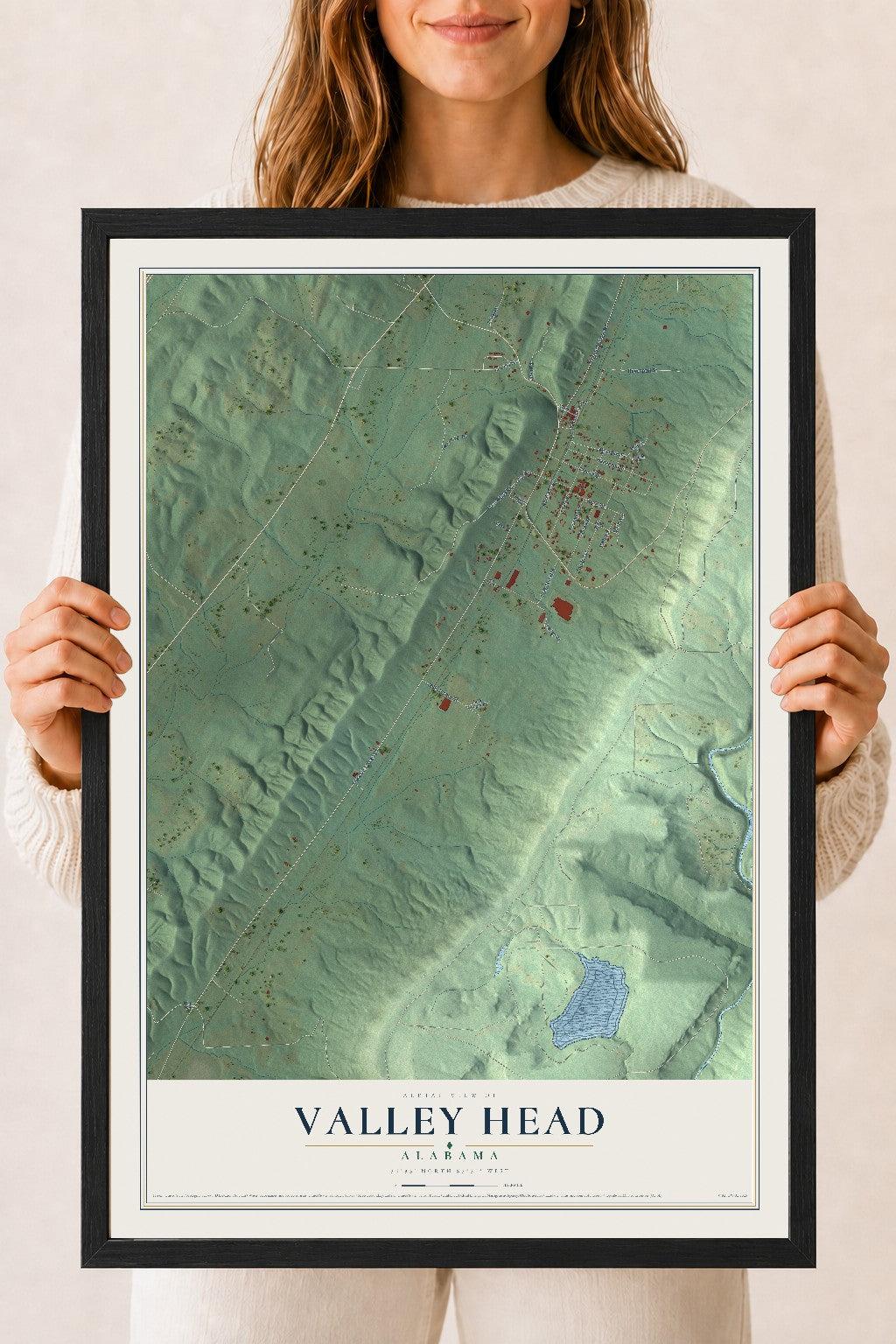 Map of Valley Head, Alabama, 18 x 24 inch print in a black wood frame