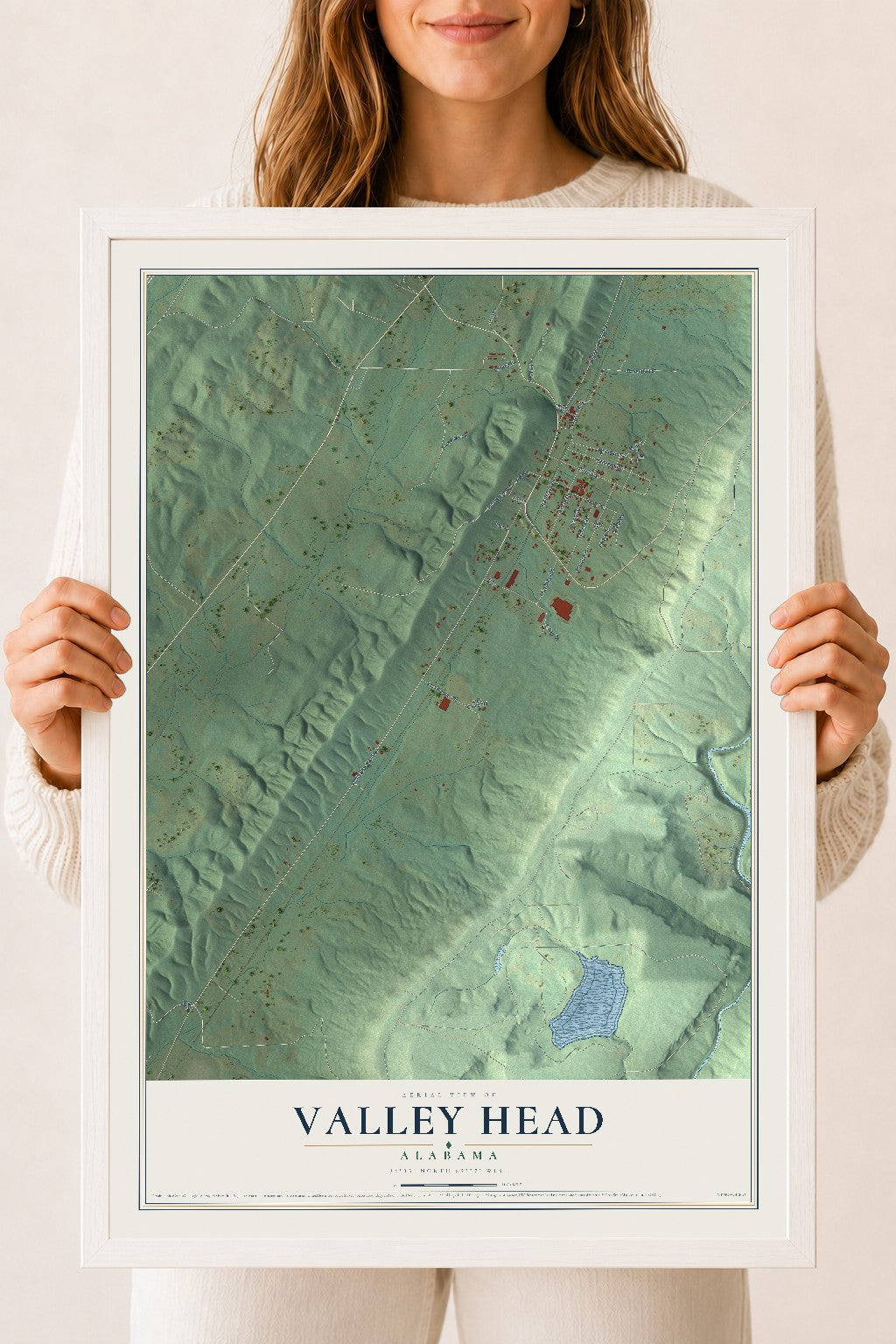 Map of Valley Head, Alabama, 18 x 24 inch print in a white wood frame