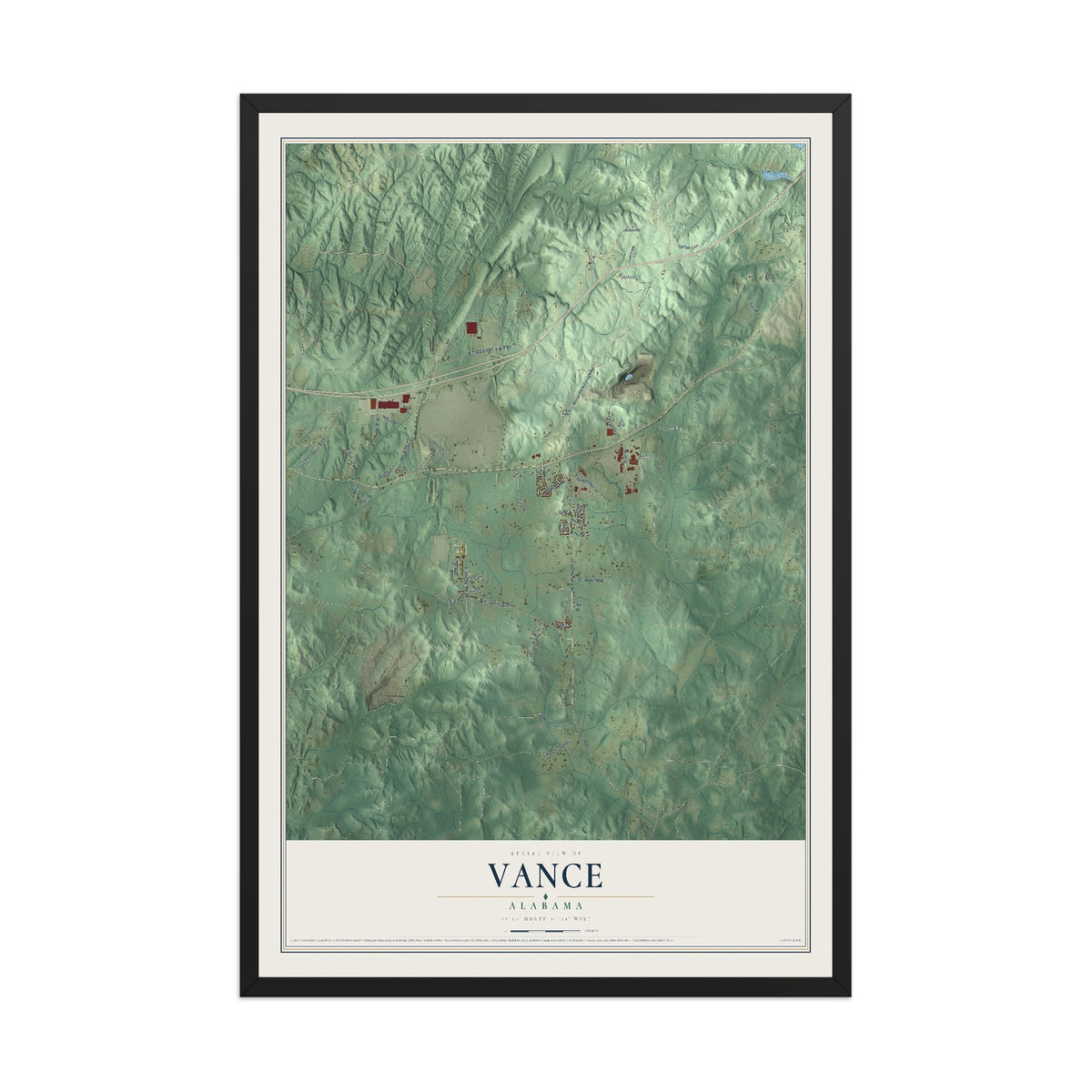 Map of Vance, Alabama, 12 x 18 inch print in a black wood frame