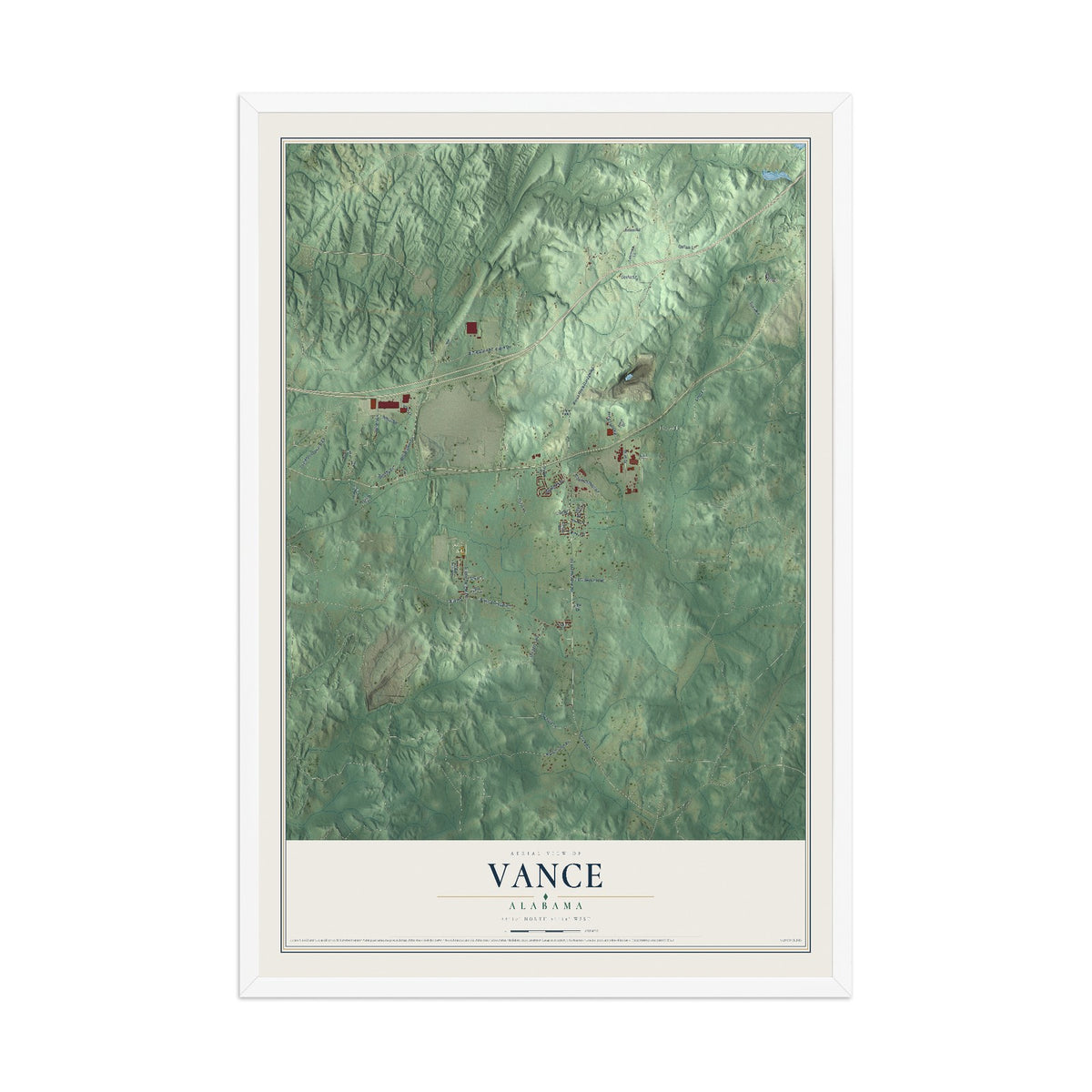 Map of Vance, Alabama, 12 x 18 inch print in a white wood frame