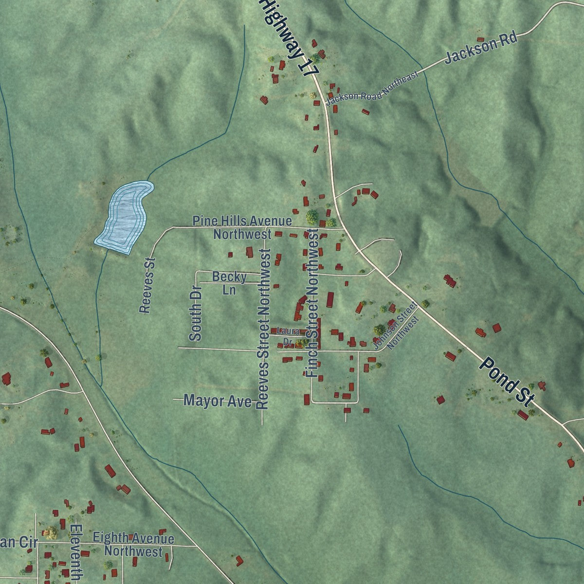 Second close-up of the map of Vernon, Alabama print showing more streets and buildings