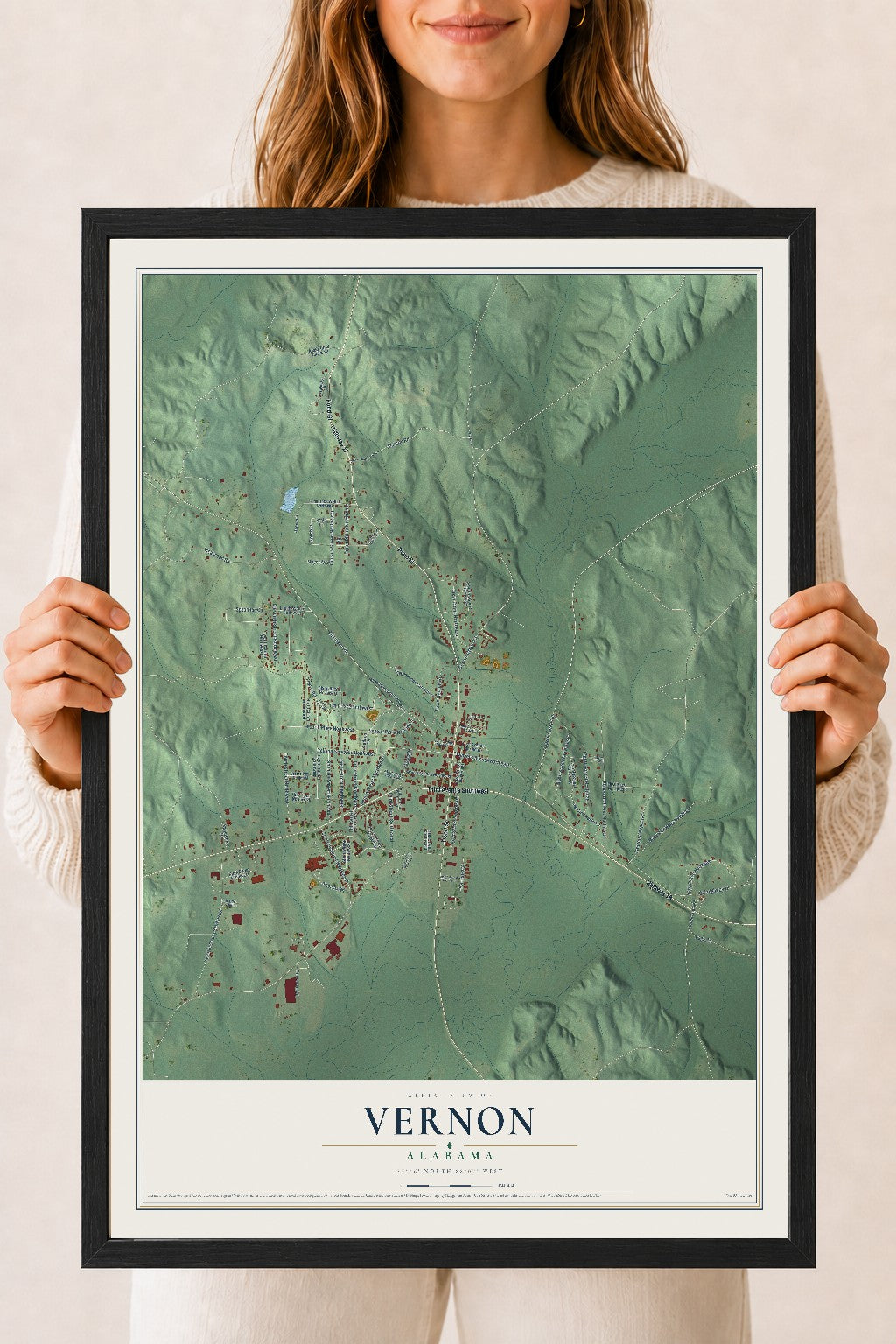 Map of Vernon, Alabama, 18 x 24 inch print in a black wood frame