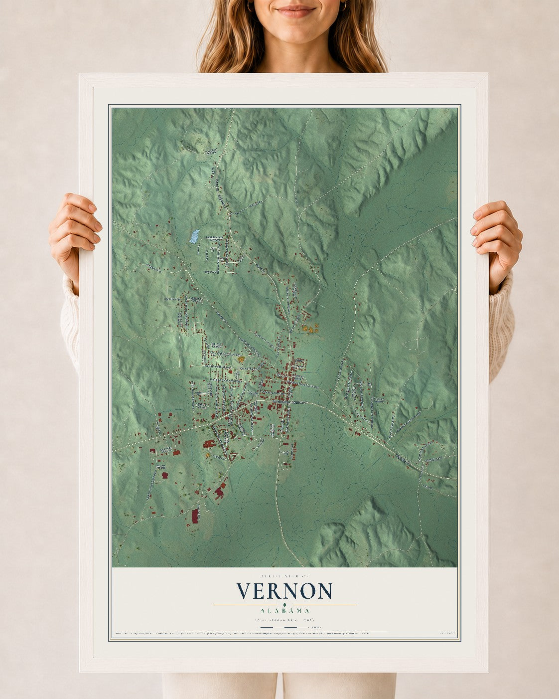 Map of Vernon, Alabama, 24 x 36 inch print in a white wood frame