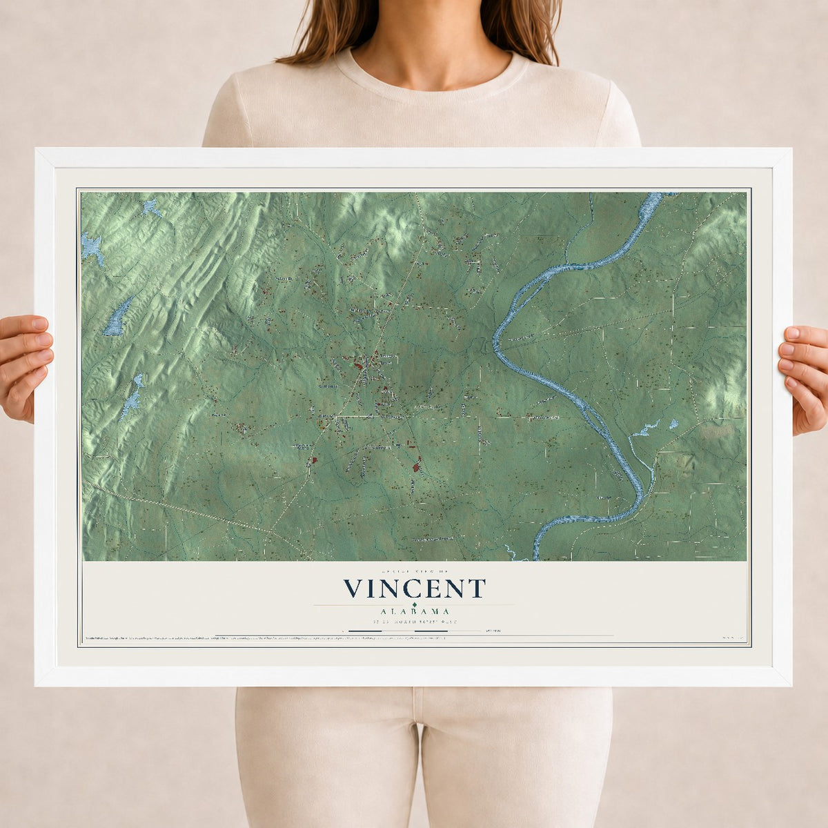 Map of Vincent, Alabama, 18 x 24 inch print in a white wood frame