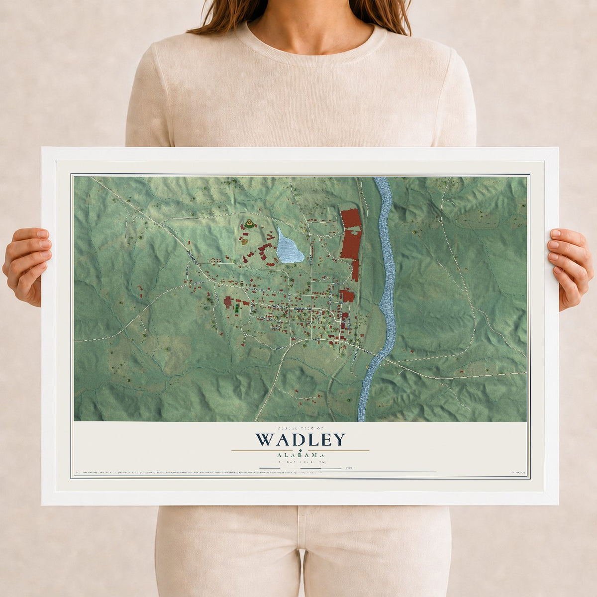 Map of Wadley, Alabama, 12 x 18 inch print in a white wood frame