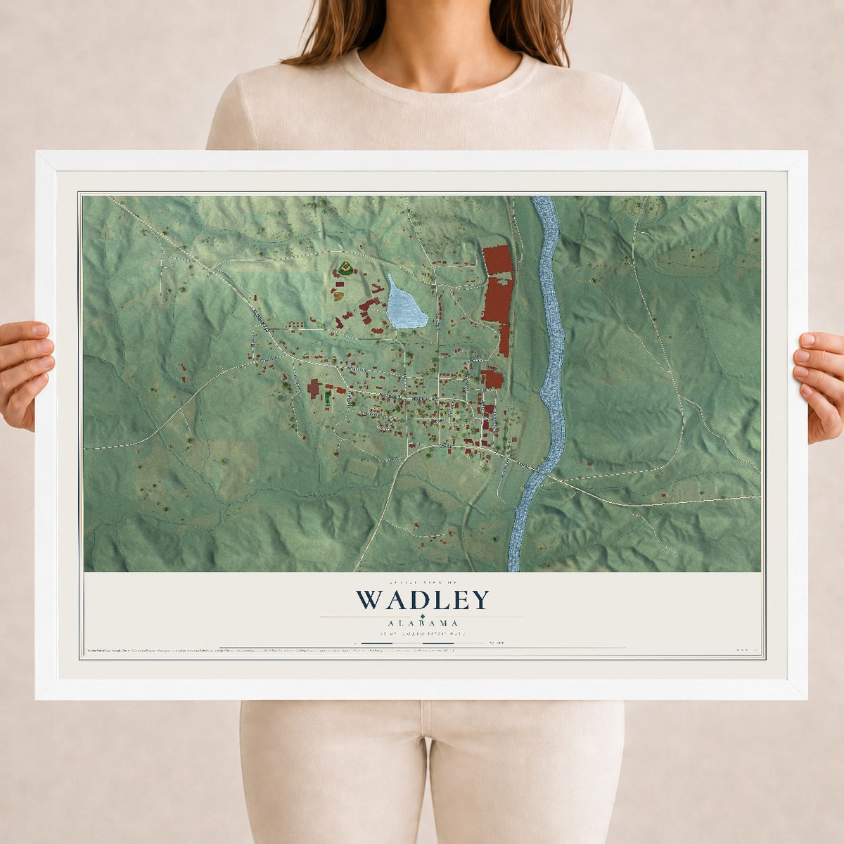 Map of Wadley, Alabama, 18 x 24 inch print in a white wood frame