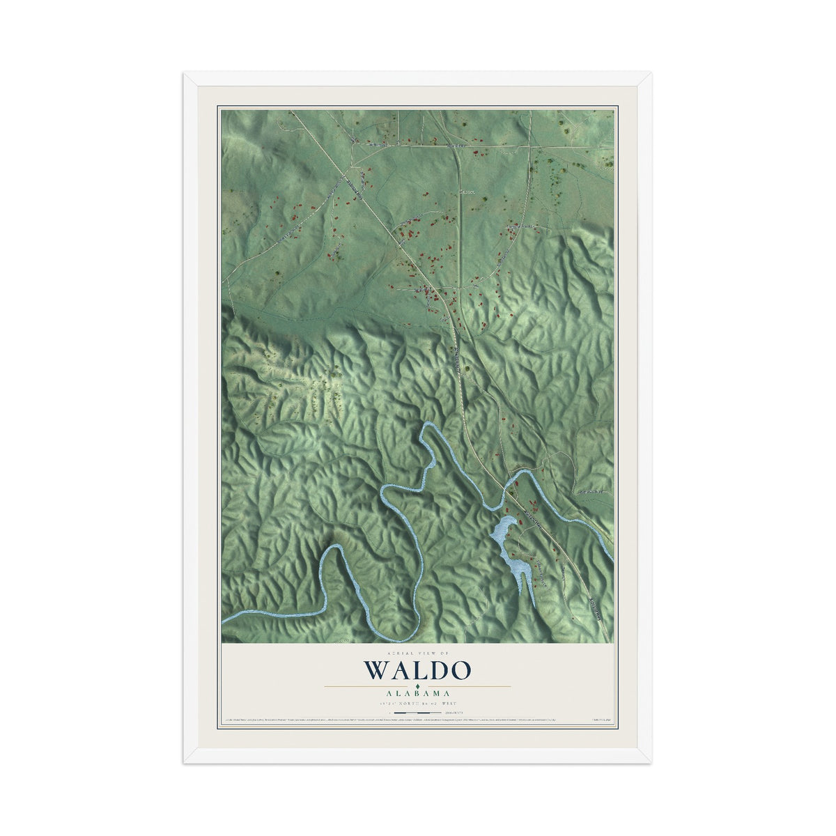 Map of Waldo, Alabama, 12 x 18 inch print in a white wood frame