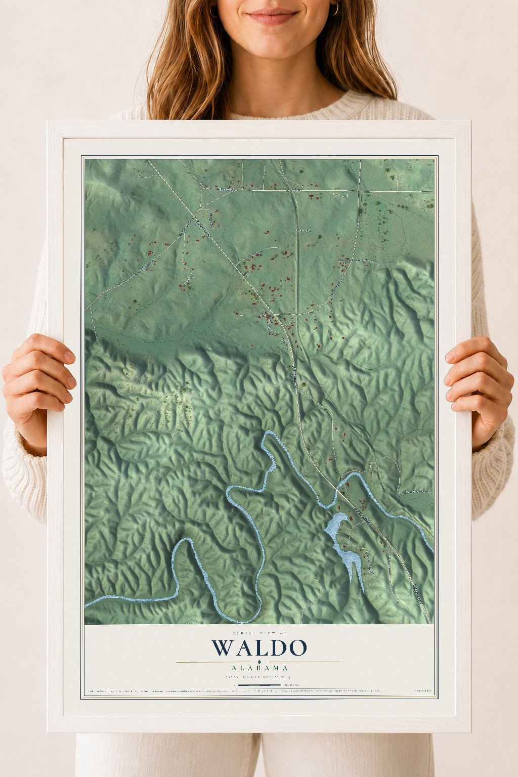 Map of Waldo, Alabama, 18 x 24 inch print in a white wood frame