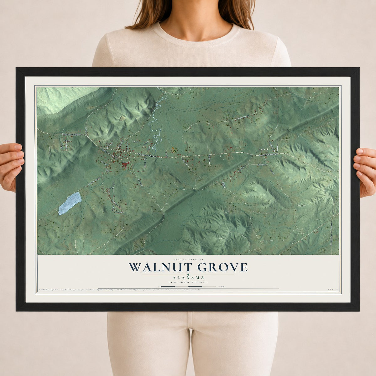 Map of Walnut Grove, Alabama, 18 x 24 inch print in a black wood frame