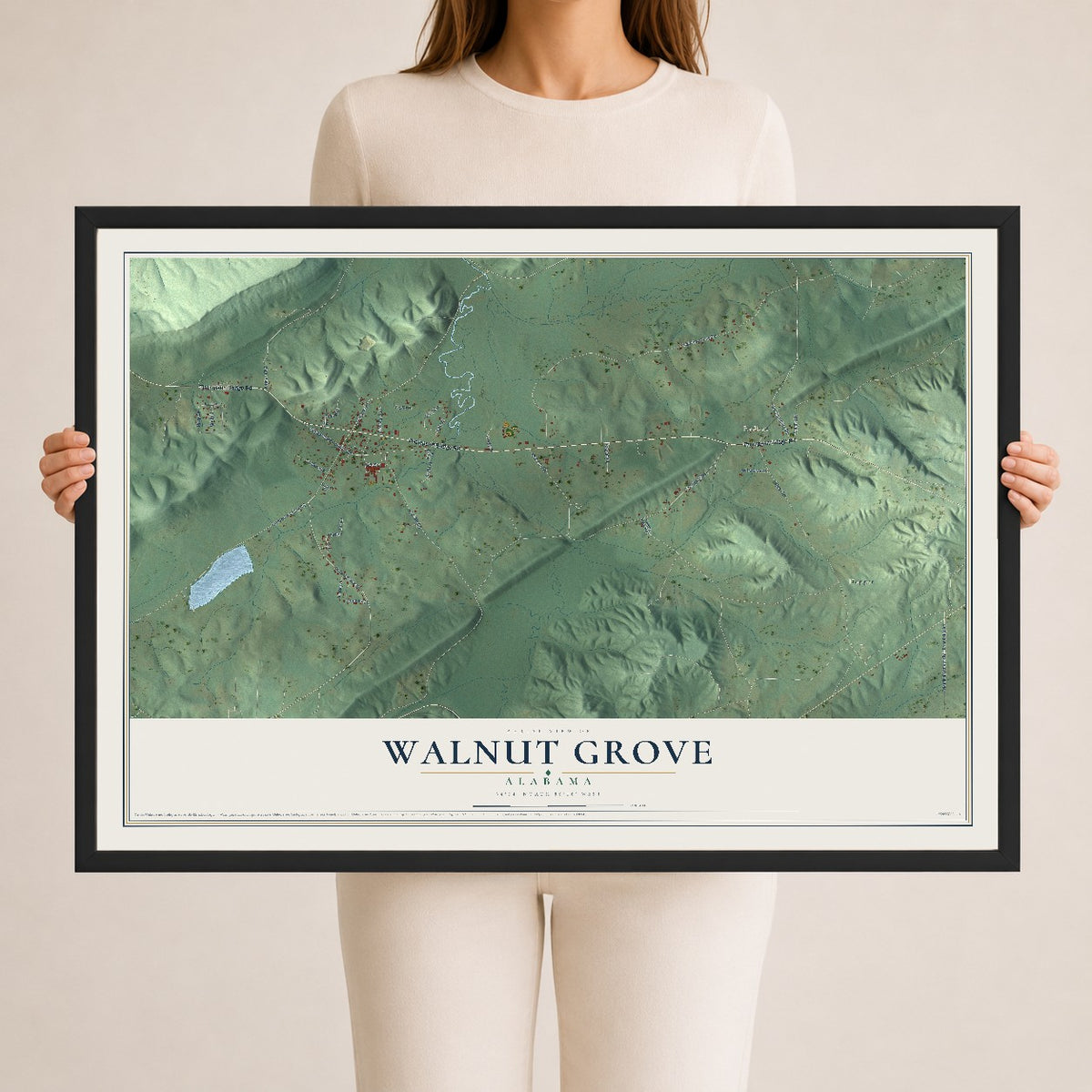 Map of Walnut Grove, Alabama, 24 x 36 inch print in a black wood frame