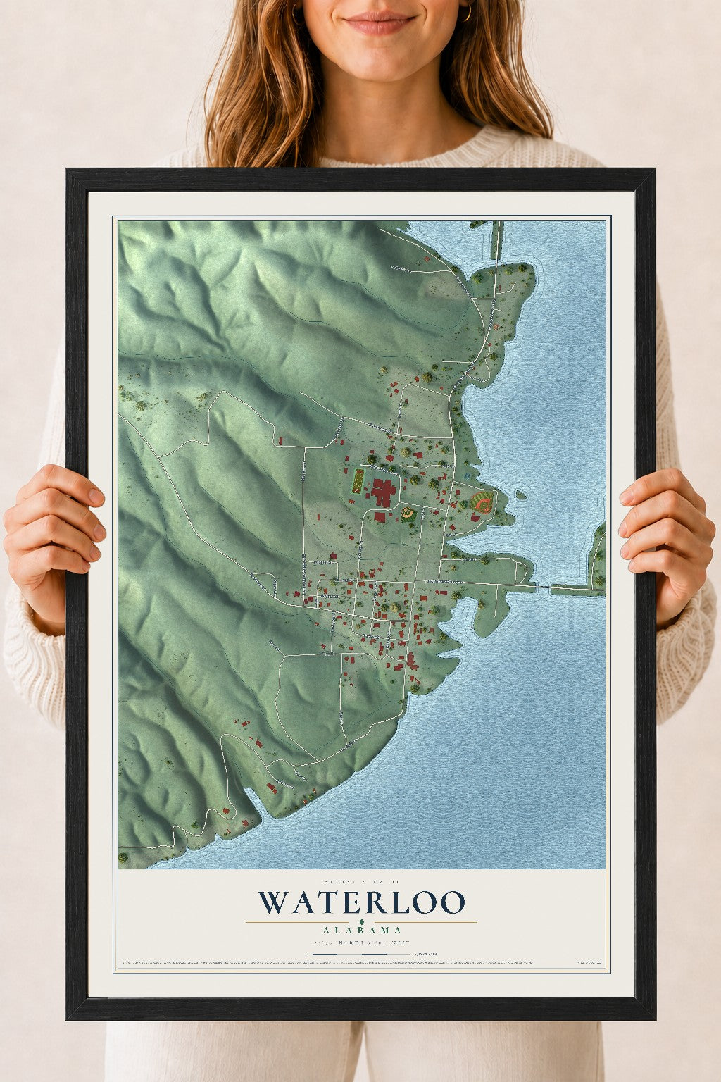Map of Waterloo, Alabama, 18 x 24 inch print in a black wood frame