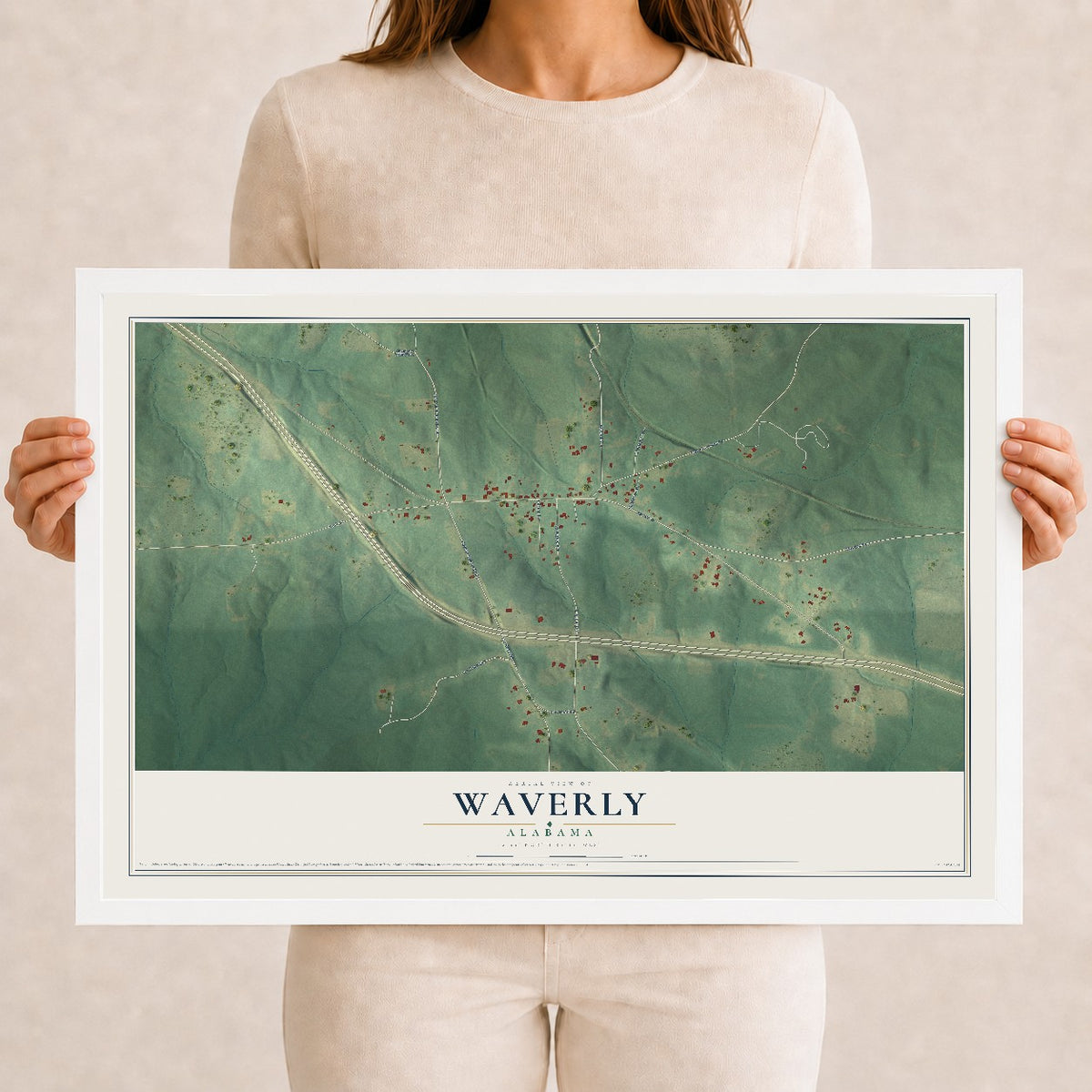 Map of Waverly, Alabama, 12 x 18 inch print in a white wood frame