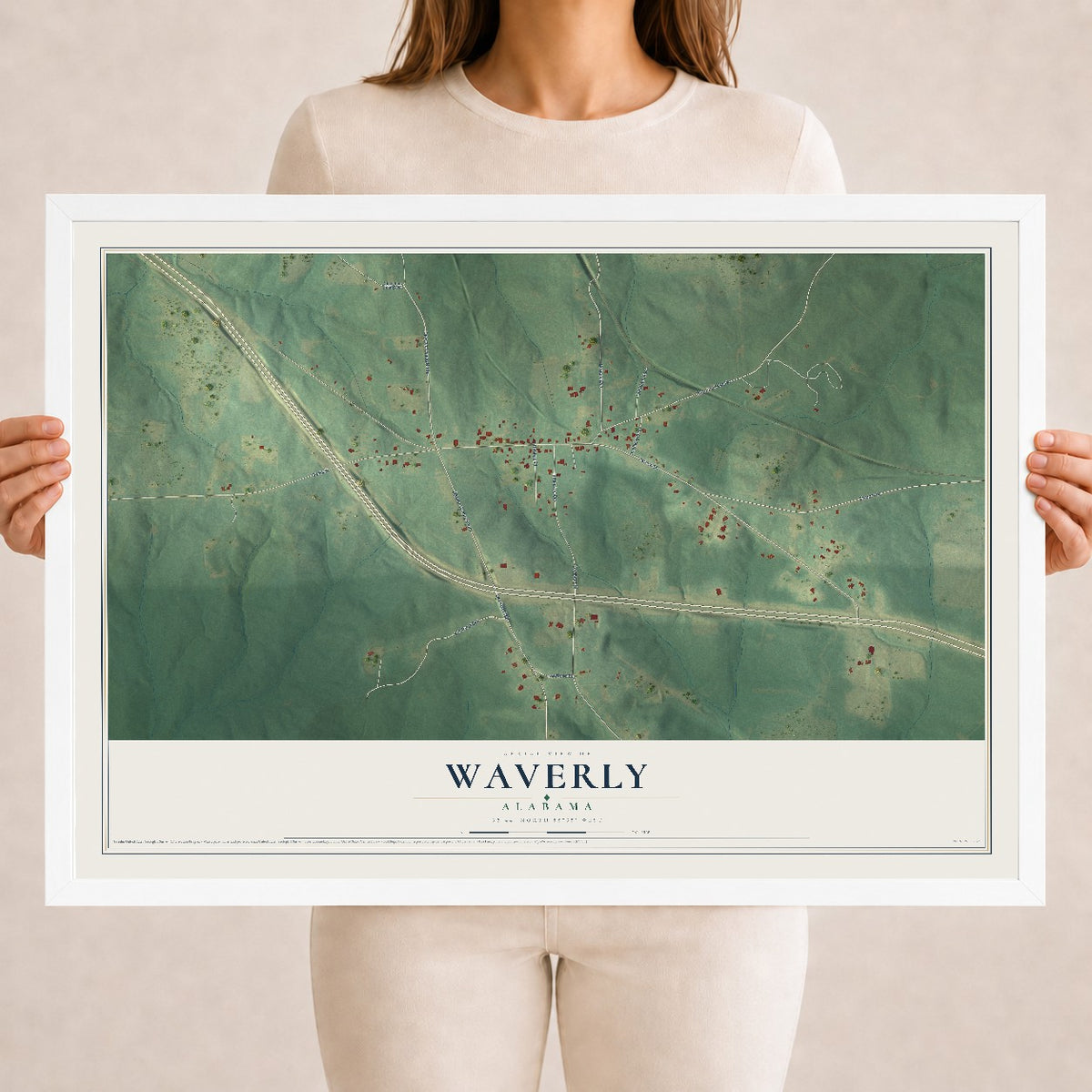 Map of Waverly, Alabama, 18 x 24 inch print in a white wood frame