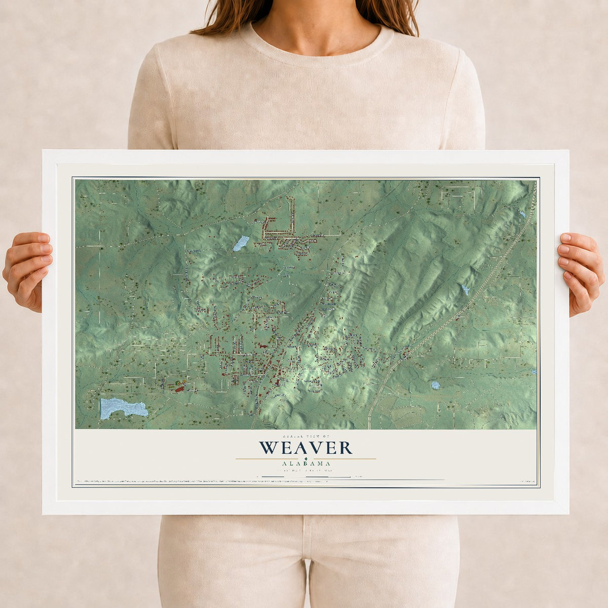 Map of Weaver, Alabama, 12 x 18 inch print in a white wood frame