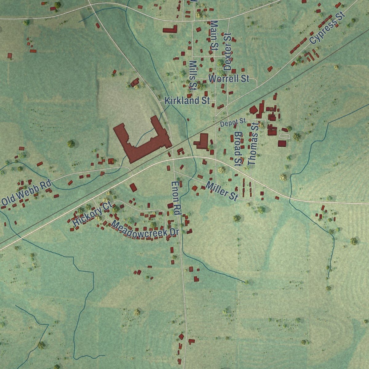 Close-up of the map of Webb, Alabama print showing street and building detail