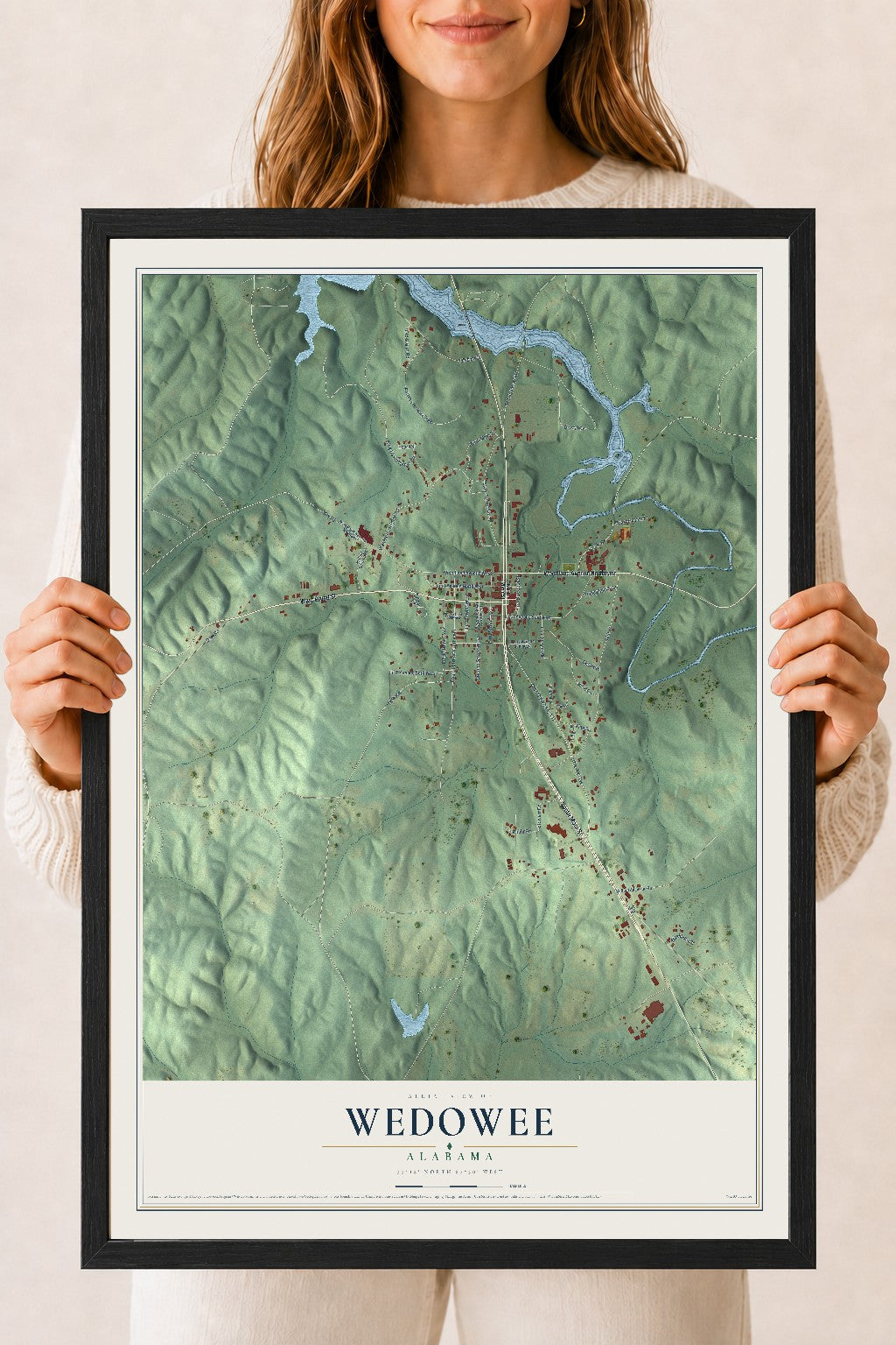 Map of Wedowee, Alabama, 18 x 24 inch print in a black wood frame