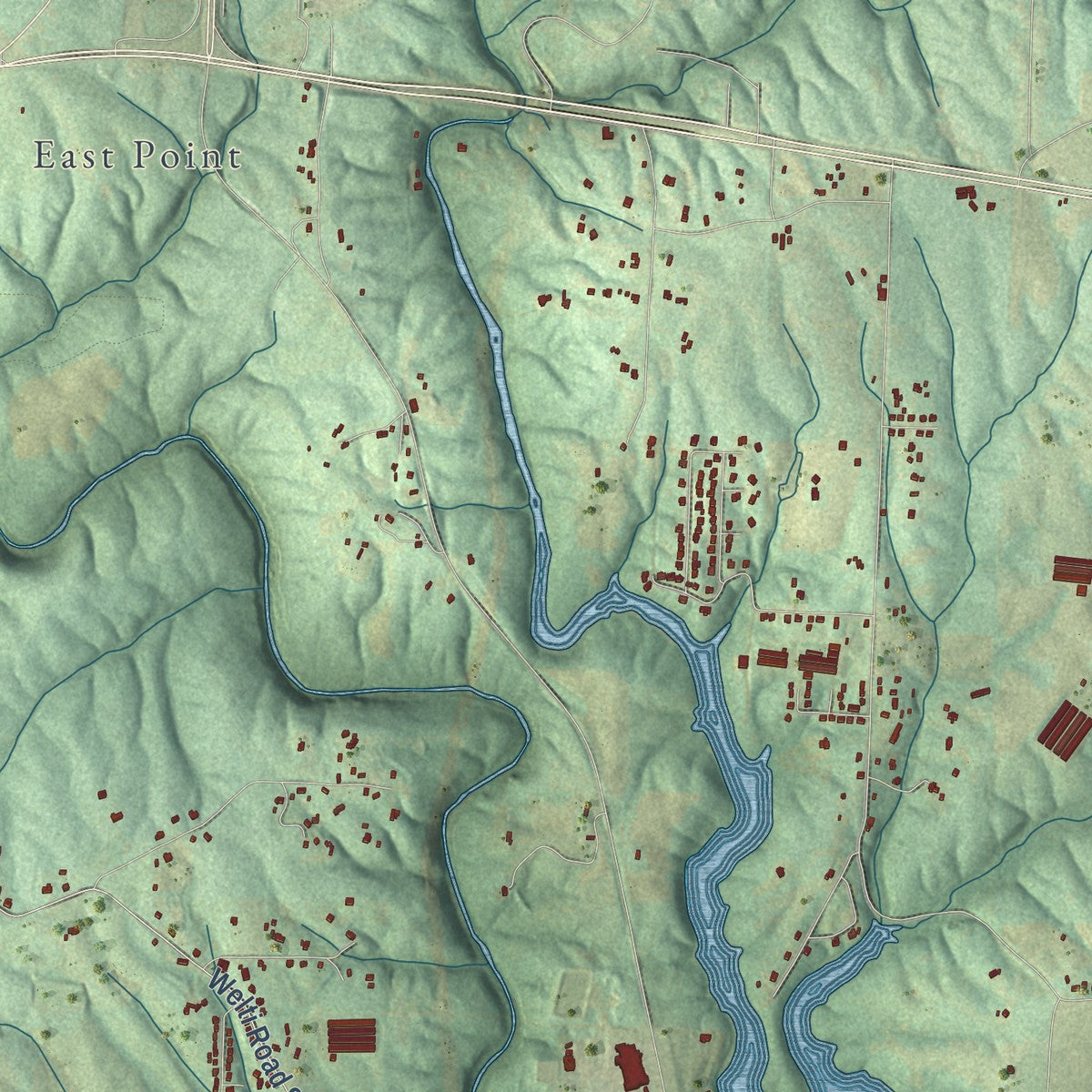 Close-up of the map of Welti, Alabama print showing street and building detail