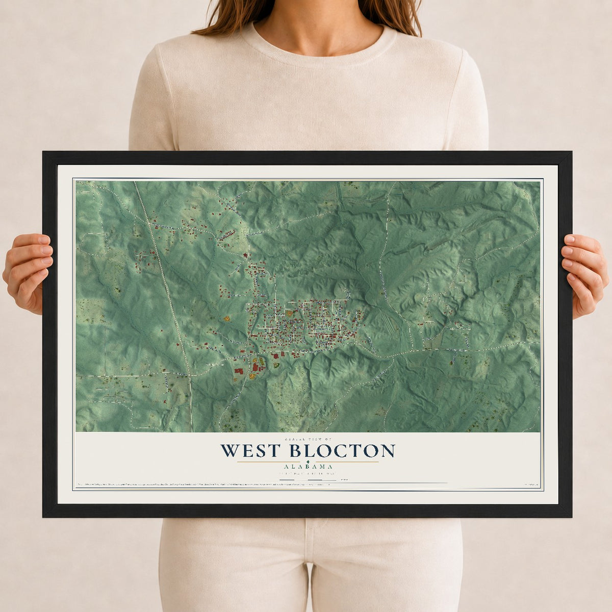 Map of West Blocton, Alabama, 12 x 18 inch print in a black wood frame