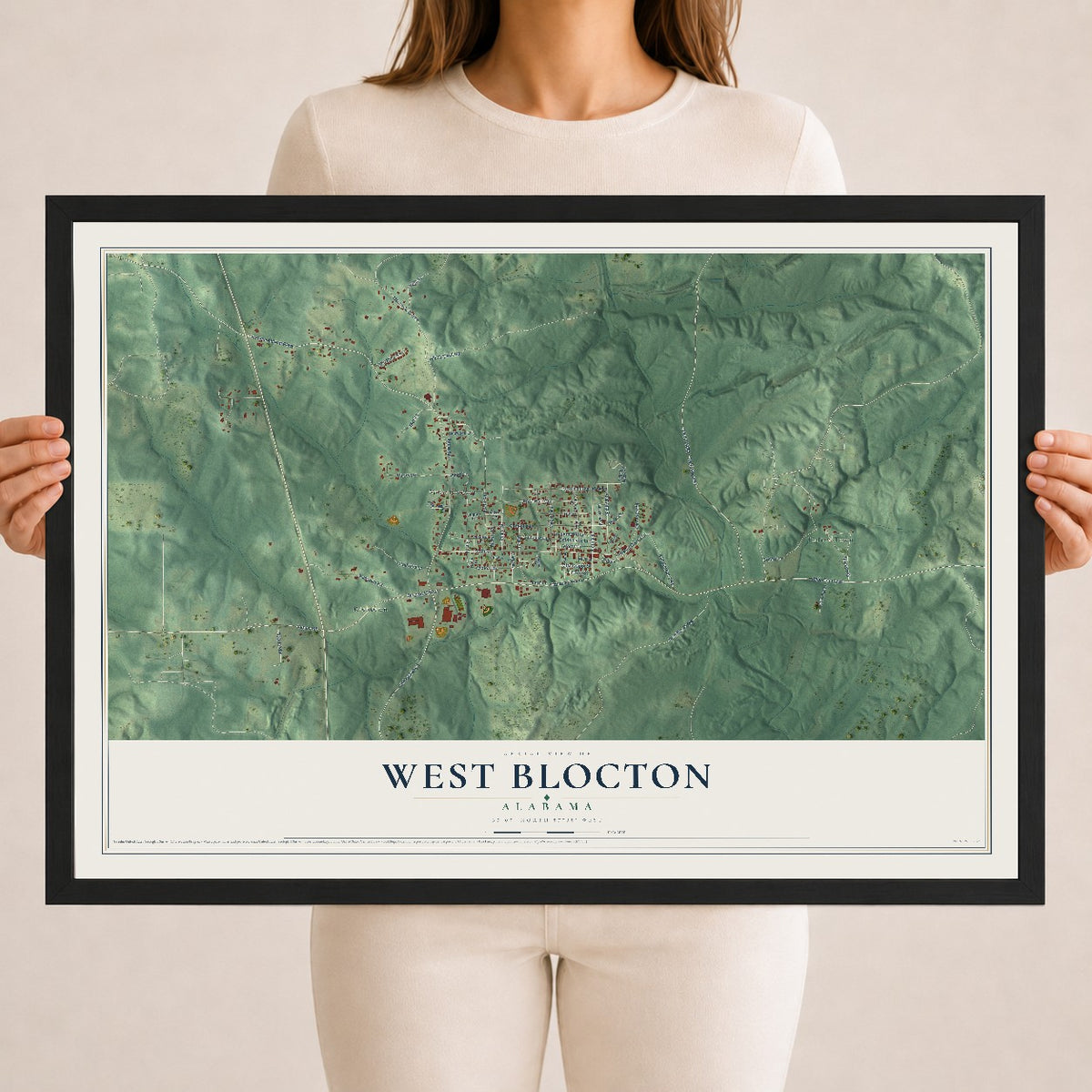 Map of West Blocton, Alabama, 18 x 24 inch print in a black wood frame