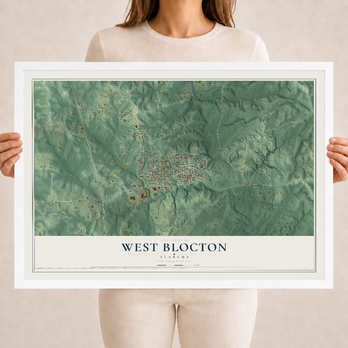 Map of West Blocton, Alabama, 18 x 24 inch print in a white wood frame