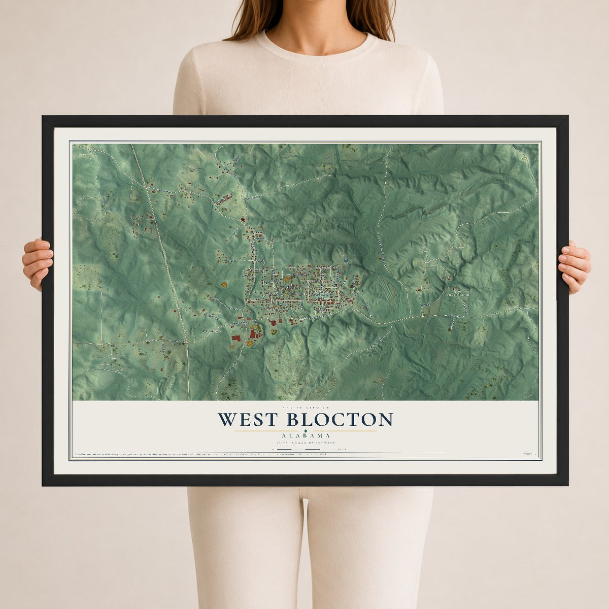 Map of West Blocton, Alabama, 24 x 36 inch print in a black wood frame