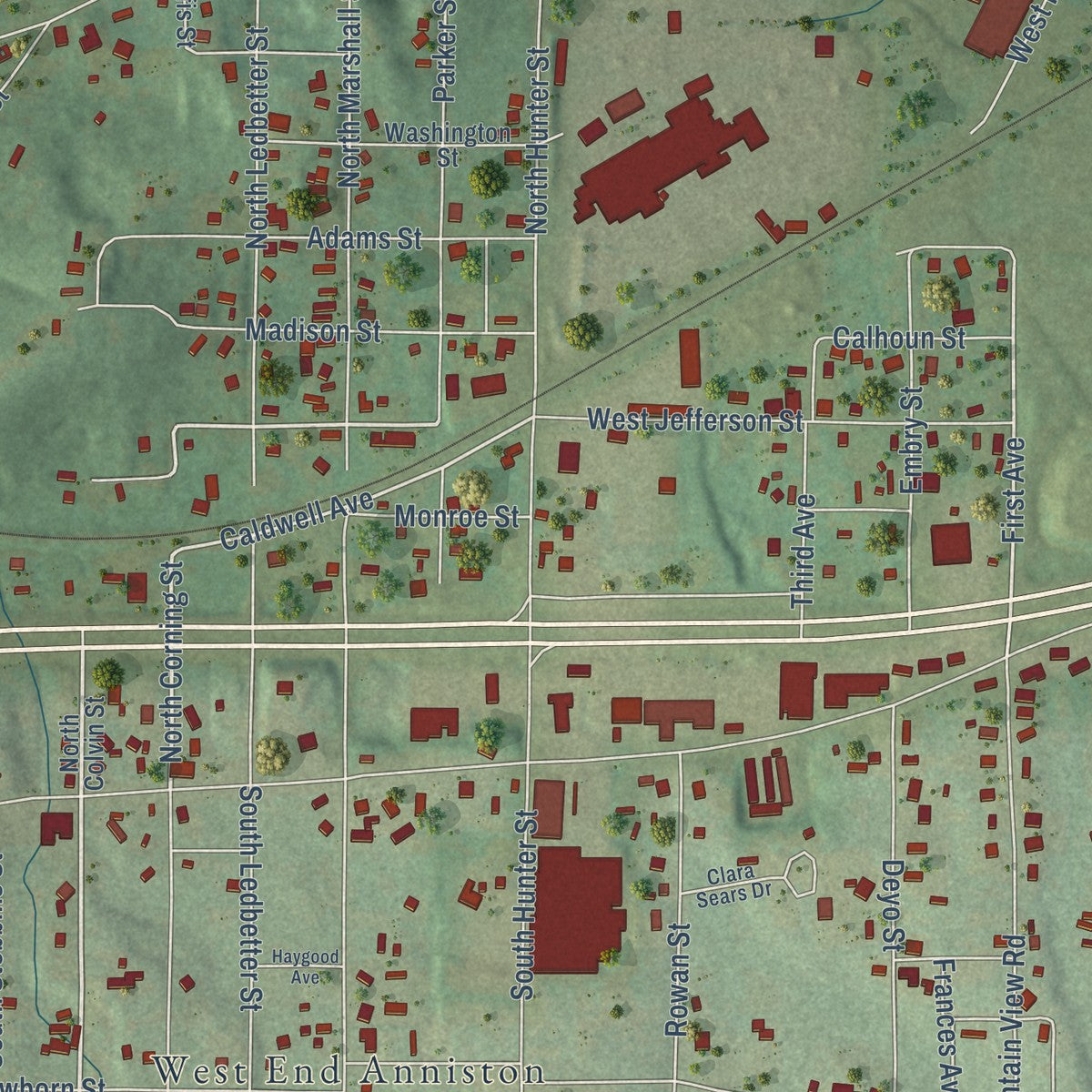 Close-up of the map of West End-Cobb Town, Alabama print showing street and building detail