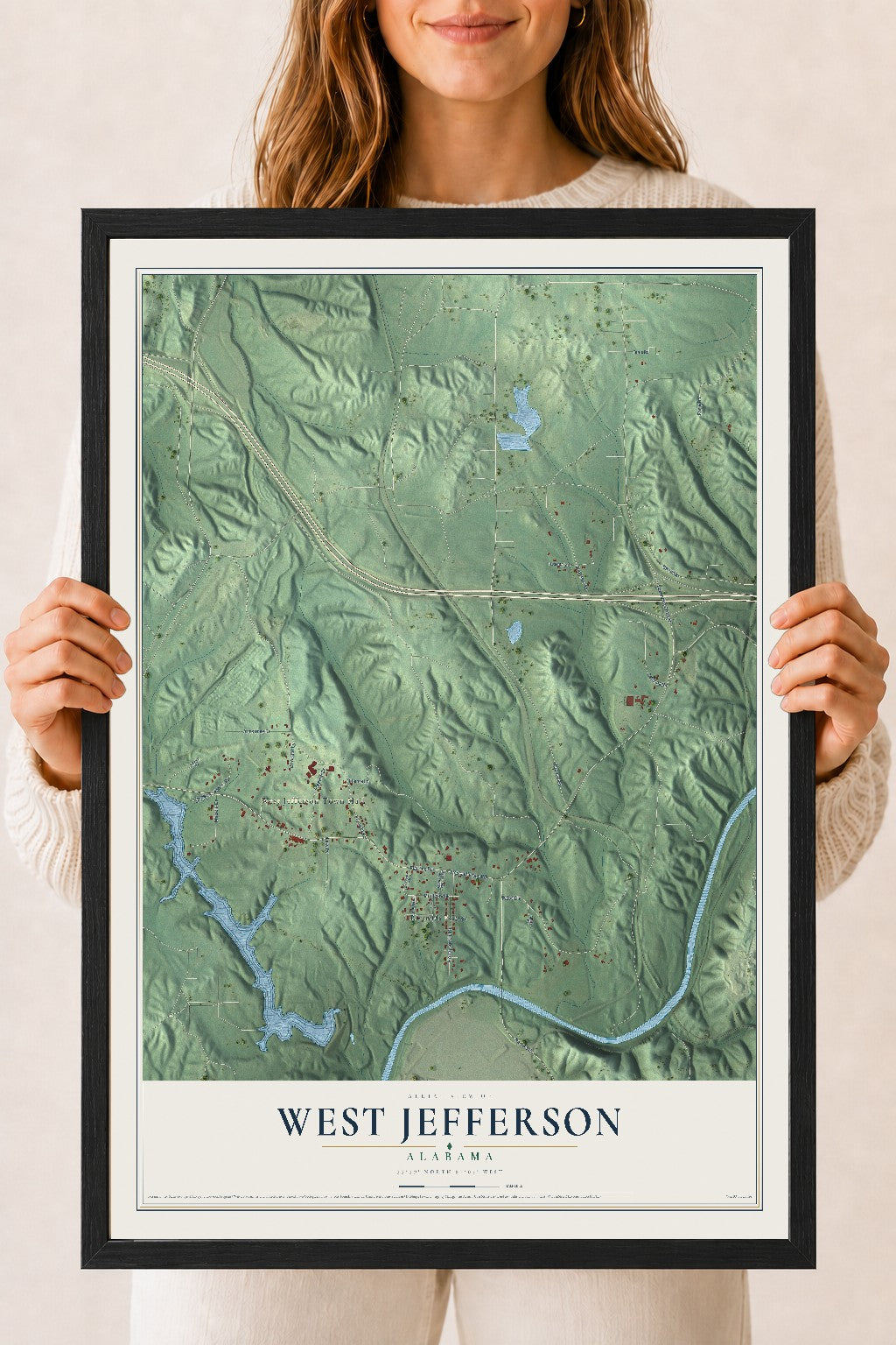 Map of West Jefferson, Alabama, 18 x 24 inch print in a black wood frame